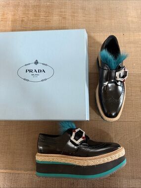 BN Prada Black Leather Platform brogues Loafers with Teal Fur and Gem Buckle 39